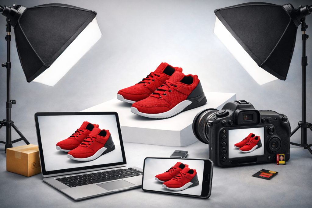 Profesionálne štúdio produktovej fotografie s červenými športovými topánkami, DSLR kamerami, softbox osvetlením a laptopom so zobrazenou fotografiou produktu.